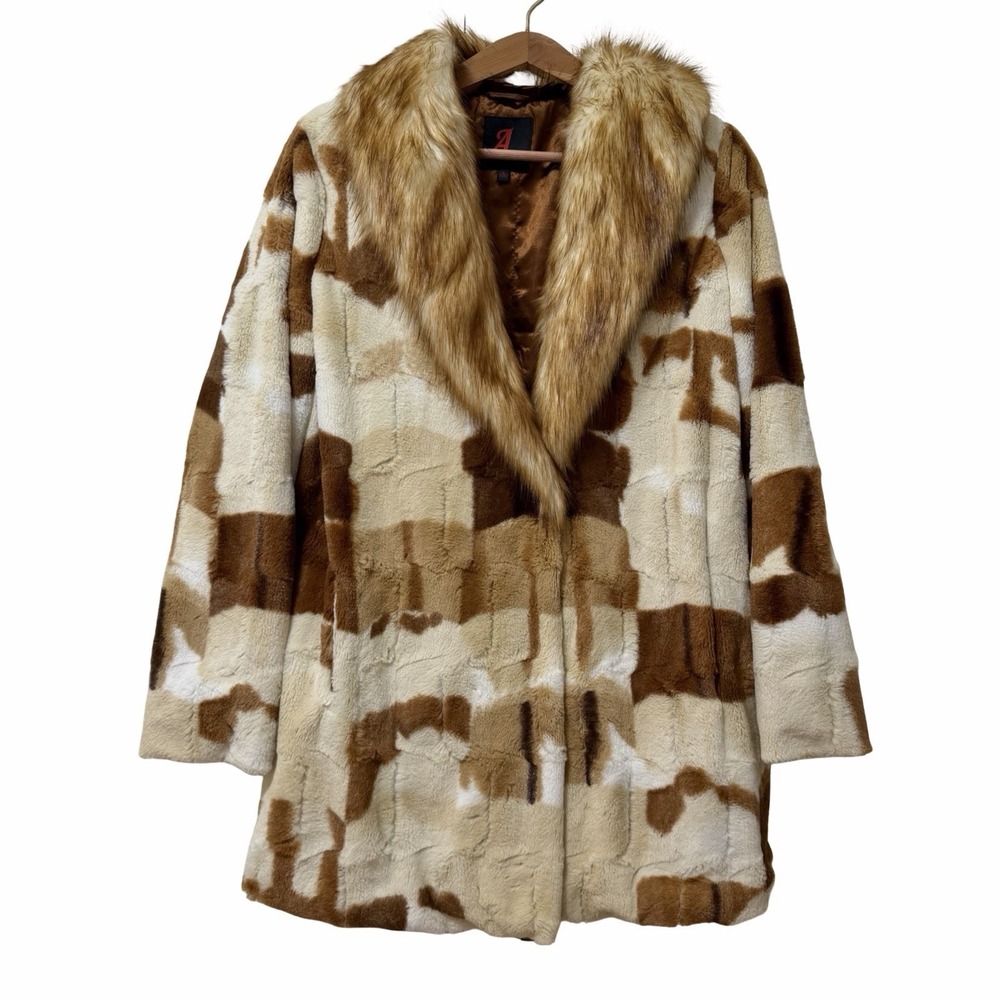 Adrienne Landau Spotted Animal Print Faux Fur Coat Size L Soft Luxury Mob Wife